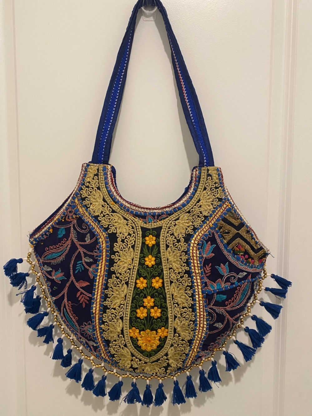 Embroidered Blue Boho Tassel Shoulder Bag